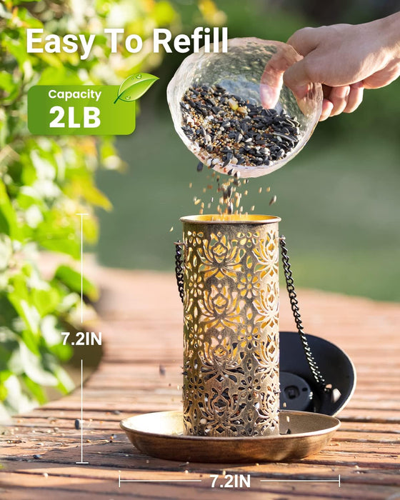 Solar Bird Feeder for Outdoors Hanging, Metal Wild Bird Feeder for Cardinals Solar Garden Lantern with S Hook as Gift fo