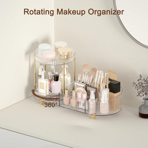 Makeup Organizer Countertop for Vanity, Rotating Perfume Tray with 5-compartment Cosmetic and Skincare Organizers, Multi