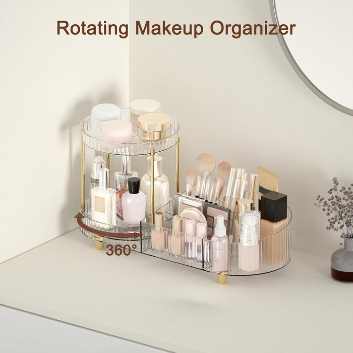 Makeup Organizer Countertop for Vanity, Rotating Perfume Tray with 5-compartment Cosmetic and Skincare Organizers, Multi