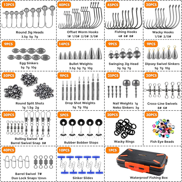 264/397pcs Fishing Accessories Kit, Organized Fishing Tackle Box with Tackle Included, Fishing Hooks, Fishing Weights Sinkers, Swivels, Beads, Fishing Gear Set Equipment for Bass Trout