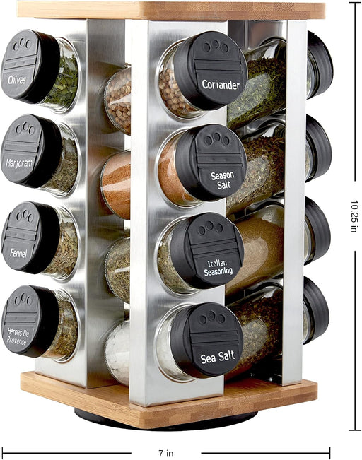 16 Jar Warner Revolving Countertop Spice Rack Organizer with Lift & Pour Caps and Spices Included, FREE Spice Refills for 5 years, Stainless Steel & Bamboo with Black Caps