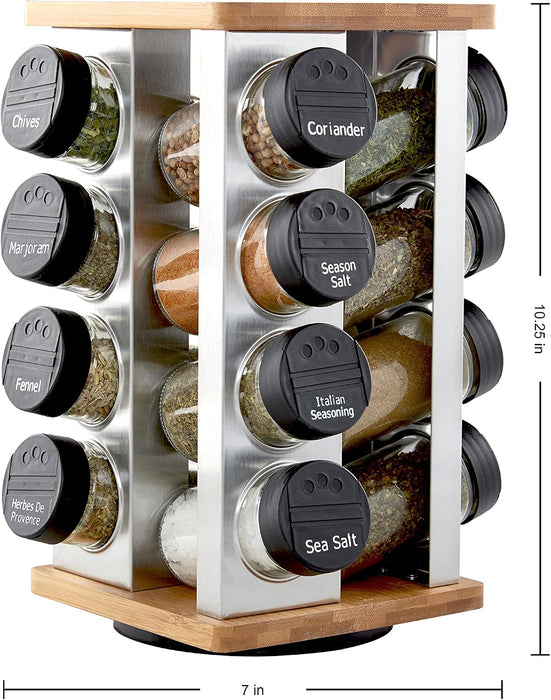 16 Jar Warner Revolving Countertop Spice Rack Organizer with Lift & Pour Caps and Spices Included, FREE Spice Refills for 5 years, Stainless Steel & Bamboo with Black Caps