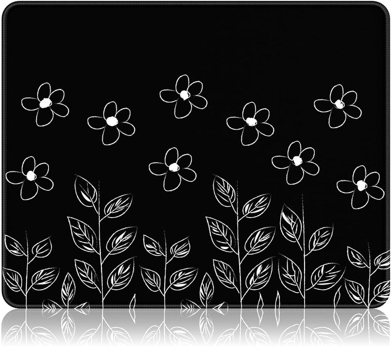 Mouse Pad, 12 x 10 in Flower Theme Computer Mouse Pad for Desk, Premium-Textured Non-Slip Rubber Stitched Edges Waterproof Square Mouse Mat for Gaming Work Wireless Mice, Black