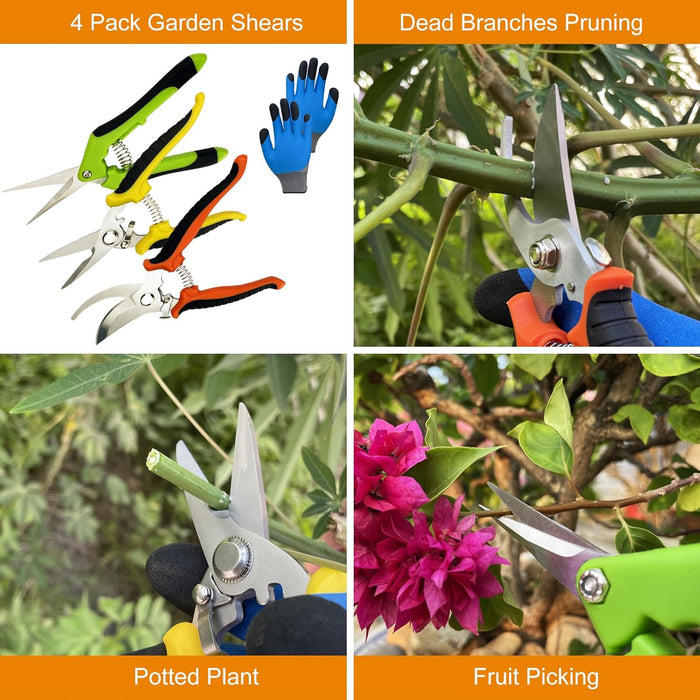 Pruning Shears, 4 Pack Garden Shears with Gardening gloves, Clippers Handheld, Stainless Steel Garden Snips, Pruners for