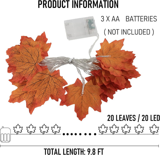 2 Pack Thanksgiving Maple Leaf String Lights, Total 20FT 40 LED Battery Operated Lighted Fall Leaves Garland, Halloween 