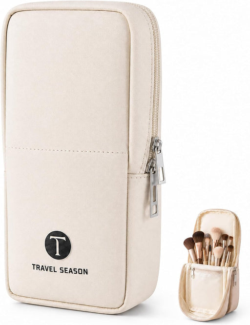 Small Standing Makeup Brush Bag & Holder, Beige Travel Cosmetic Case