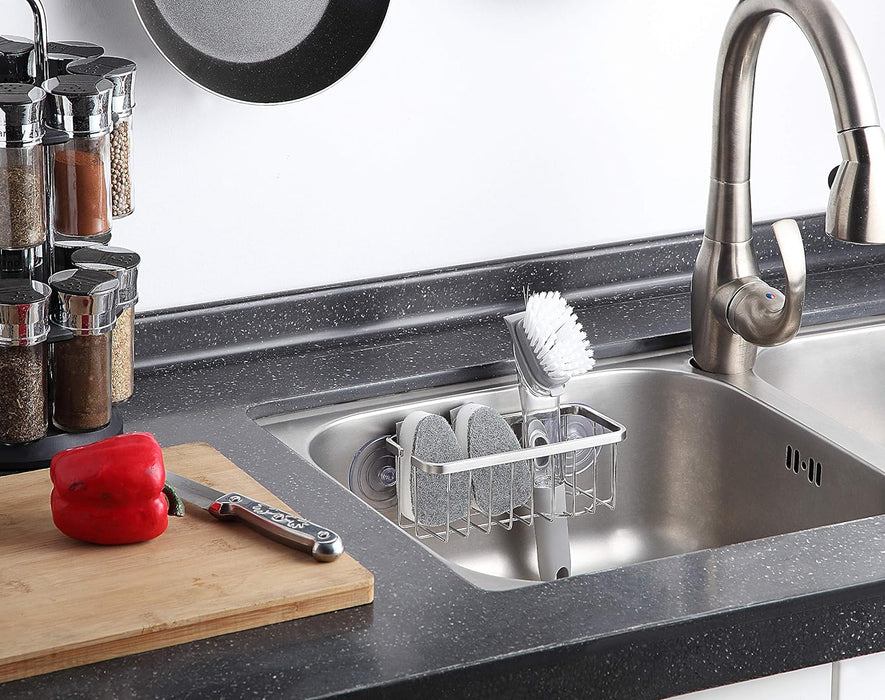 NeverRust Deluxe Kitchen & Bathroom Sink Sponge Holder Organizer with Adhesive Mount - Additional Suction Cup Included – Sponge & Brush NOT Included – 7.4 x 3.3 x 2.75 Inch
