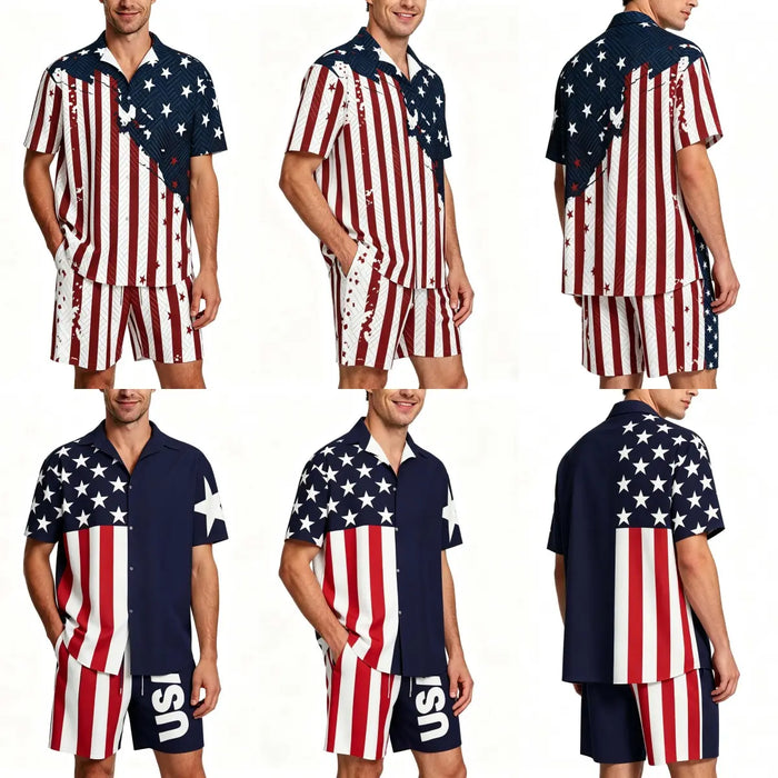 Men'S Fashion 2-Piece Matching Shortsleeve Collared Neck Tropical Set - Casual Stylish Flag Pattern Shirt & Bottoms, Loose Fit, plus Size Hawaiian Patriotic Streetwear for 4Th of July