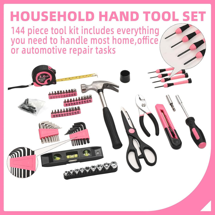 144-Piece Household Tool Set, Pink Tool Kit with Plastic Toolbox