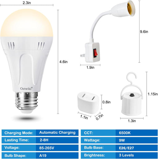 2 Pack Rechargeable Light Bulbs, A19 E26 9W 3000K Warm