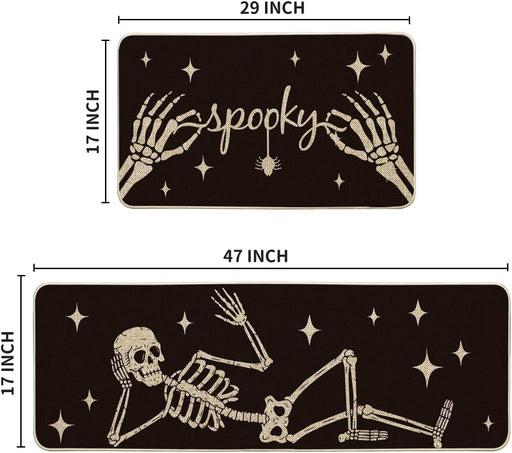 Spooky Skeleton Spider Bone Black Halloween Kitchen Mats Set of 2, Black Home Decor Low-Profile Kitchen Rugs for Floor -