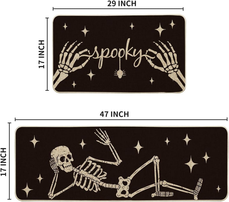 Spooky Skeleton Spider Bone Black Halloween Kitchen Mats Set of 2, Black Home Decor Low-Profile Kitchen Rugs for Floor -