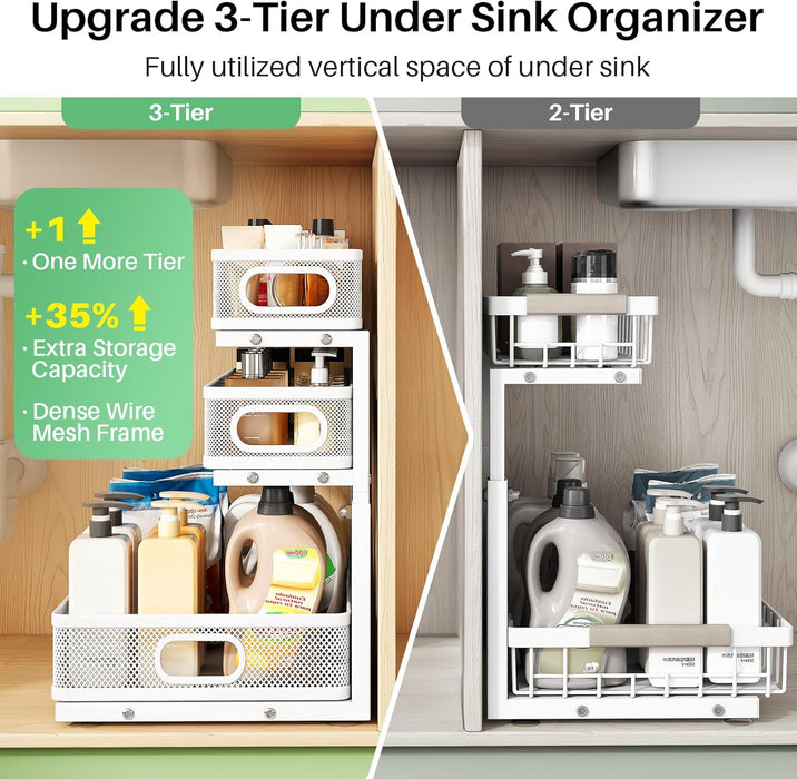 Under Sink Organizer, 2-Pack 3-Tier Height Adjustable Thickened Metal Pull out Cabinet Organizer Shelf, Slide out Storag