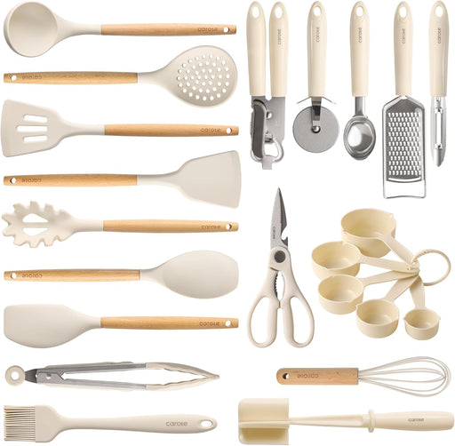 22-Piece Cooking Utensils Set with Wood Cool-Touch Handles, Cream