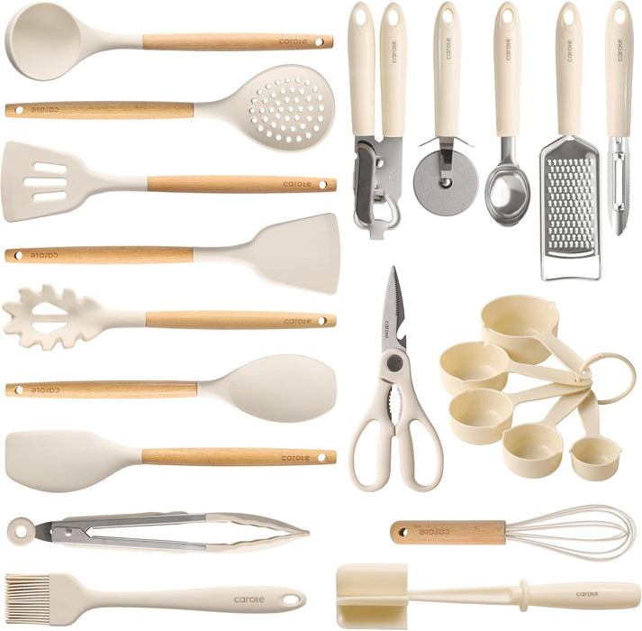22-Piece Cooking Utensils Set with Wood Cool-Touch Handles, Cream