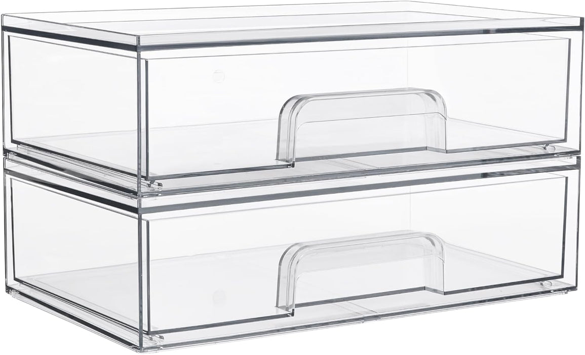 Clear Stackable Storage Drawers, 2 Pack Wide Plastic Organizers