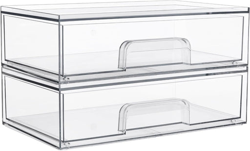Clear Stackable Storage Drawers, 2 Pack Wide Plastic Organizers