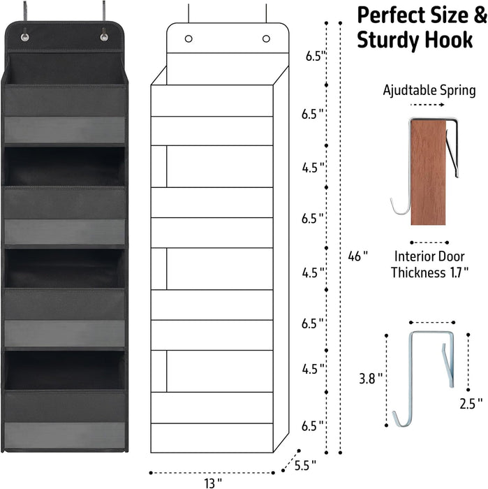 Black Over Door Organizer with 4 Front Pockets and 4 Side Mesh Pockets, Compact Hanging Door Storage for Closet, Bathroom, Bedroom, Dorm, Nursery, Toys, Cosmetics, Baby Essentials