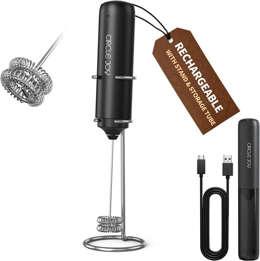 Rechargeable Milk Frother Handheld with Stand, Dual Coil Whisk Head Electric Coffee Frother, Portable Hand Frother Wand Drink Mixer for Matcha Lattes Cappuccino, Kitchen Gifts, Black