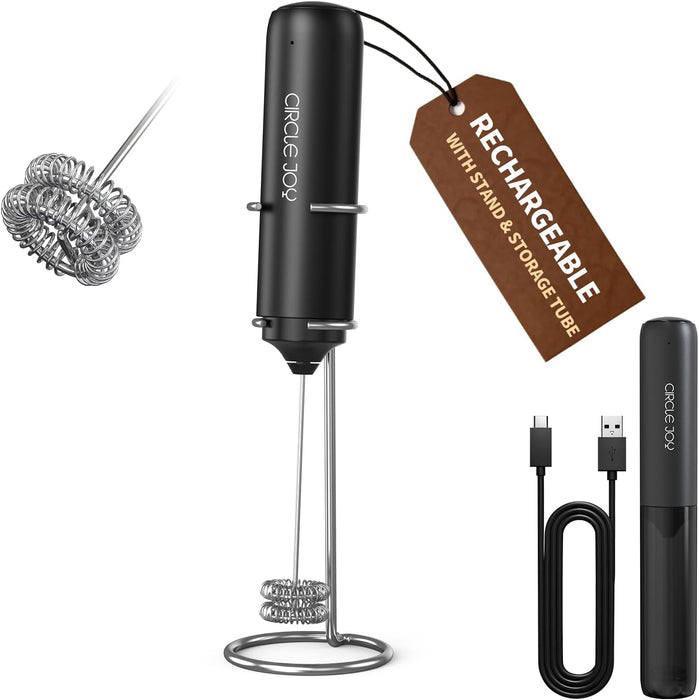 Rechargeable Milk Frother Handheld with Stand, Dual Coil Whisk Head Electric Coffee Frother, Portable Hand Frother Wand Drink Mixer for Matcha Lattes Cappuccino, Kitchen Gifts, Black