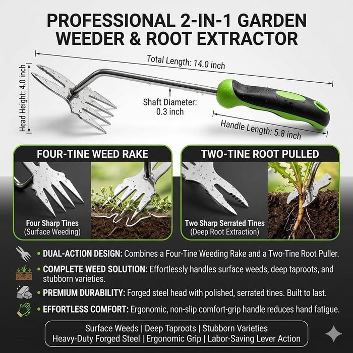 2-in-1 Hand Weeder Puller, Heavy Duty Stainless Steel Garden Tool
