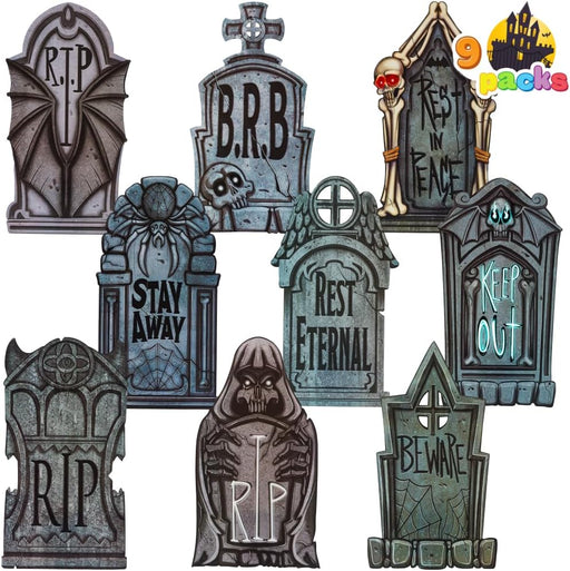 16" 9 Pcs Halloween Tombstones Decorations Outdoor Graveyard Decor, Yard Lawn Cemetery Plastic Headstones with 18 Metal 