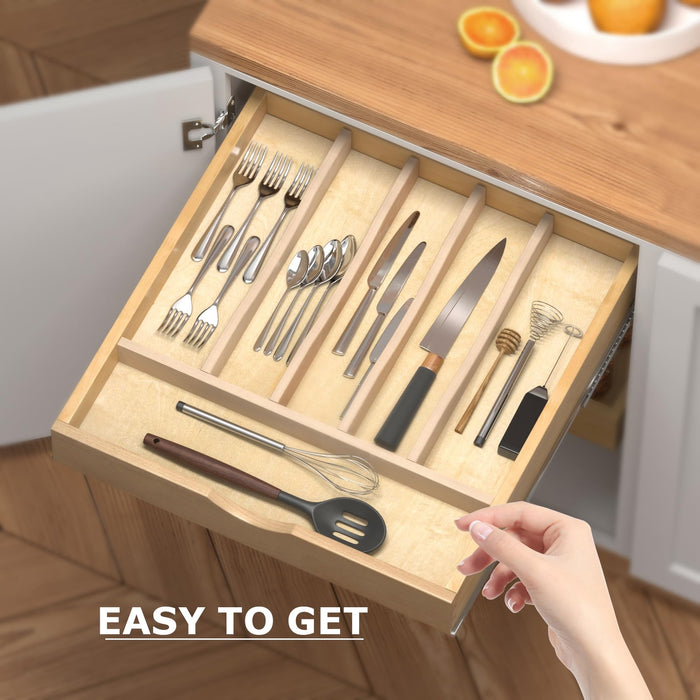 Six-Compartment Natural Wood Drawer Organizer
