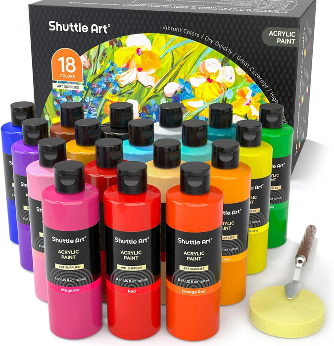 18 Colors Acrylic Paint Bottle Set (250ml/8.45oz), Rich Pigmented Bulk Painting Supplies for Artists, Beginners and Kids