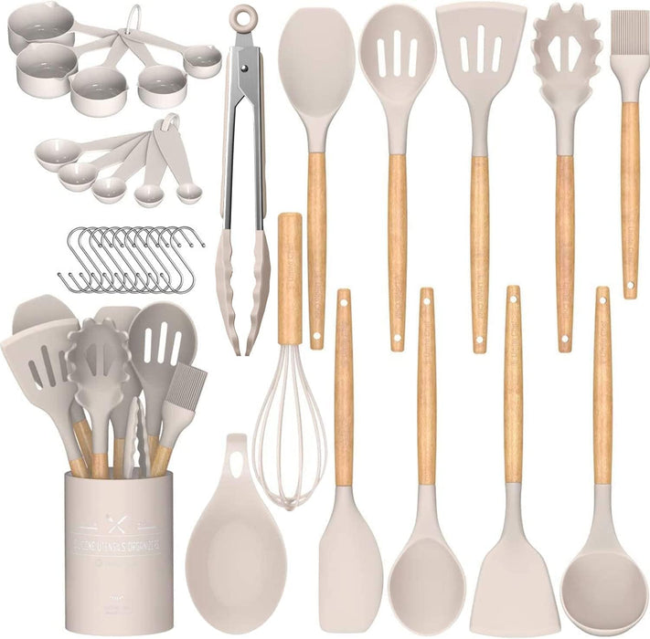 Kitchen Cooking Utensils Set, 33 pcs Non-Stick Silicone Cooking Kitchen Utensils Spatula Set with Holder, Wooden Handle 