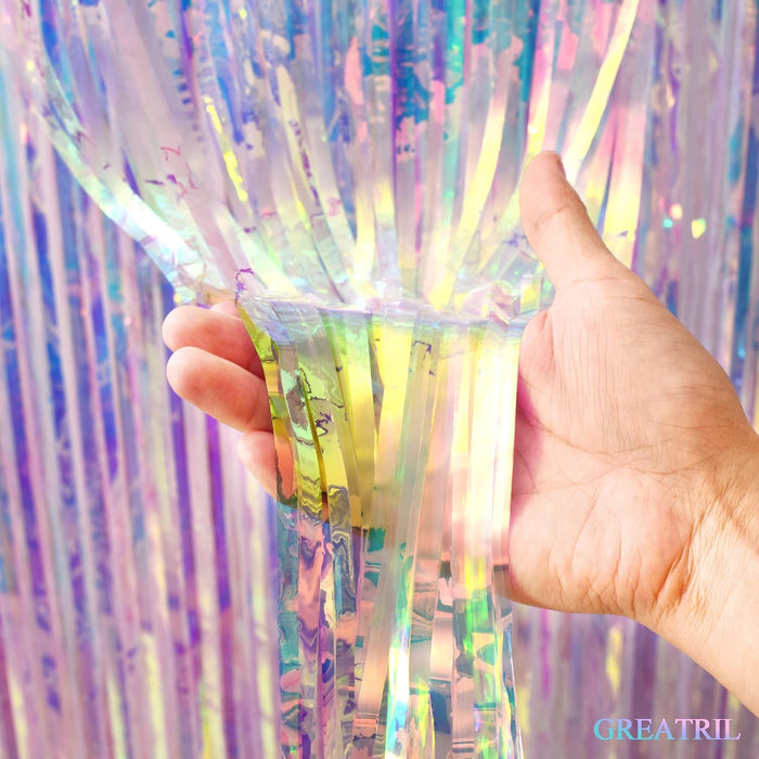 Iridescent Party Streamers Backdrop -  Neon Transparent Holographic Tinsel Foil Fringe Curtain for Mermaid/Frozen/Sea/Euphoria/ERAS Party Theme Decorations 3.2ft x 6.5ft 2 PCS