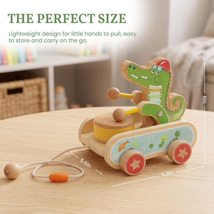 Wooden Push Toys for Toddlers 1-3, Crocodile Beating Drum Walking Pull Toy