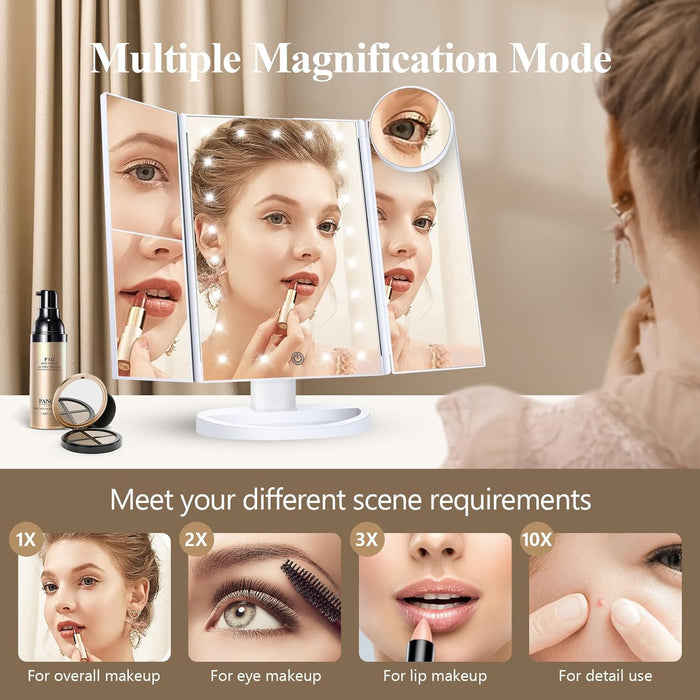 2X/3X/10X Magnifying Vanity Mirror with Light, Trifold Makeup Mirror