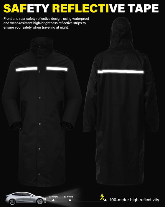 High-Visibility Reflective Waterproof Long Raincoat — Black XL