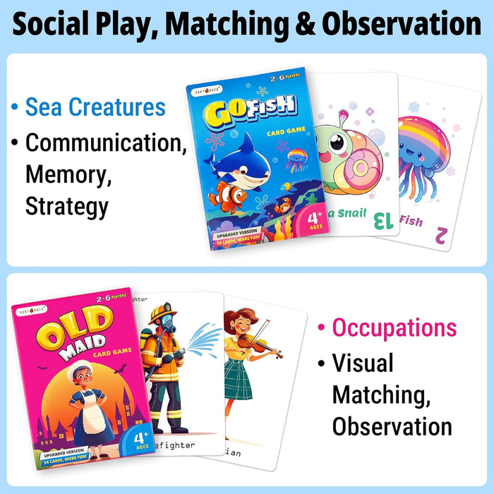 Upgraded Kids Card Games Pack, 6 Decks, Go Fish, Old Maid, Crazy Eights, Memory Match, Slap Jack, War, Playing Cards, Ea