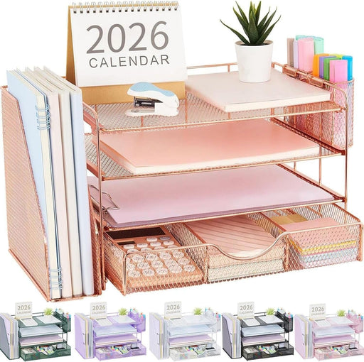 Desk Organizers and Accessories with File Holder, 4-Tier Desk Accessories & Workspace Organizers with Drawer and 2 Pen H