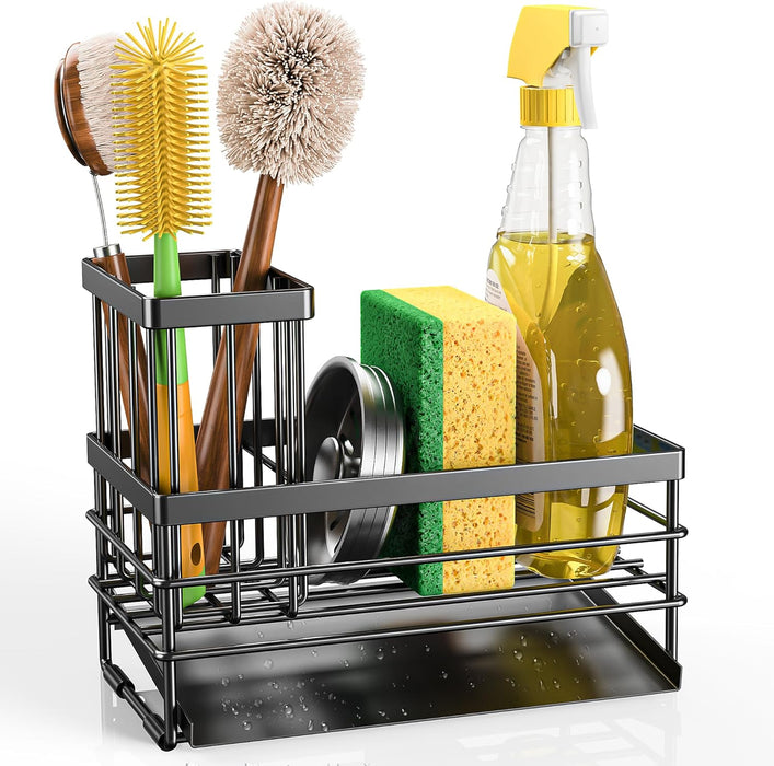 Sink Caddy Sponge Holder for Kitchen with Brush Holder and Stainless Steel Self Drain Tray, Rustproof Kitchen Sink Organizer for Sponge, Soap Dispenser Storage Accessories