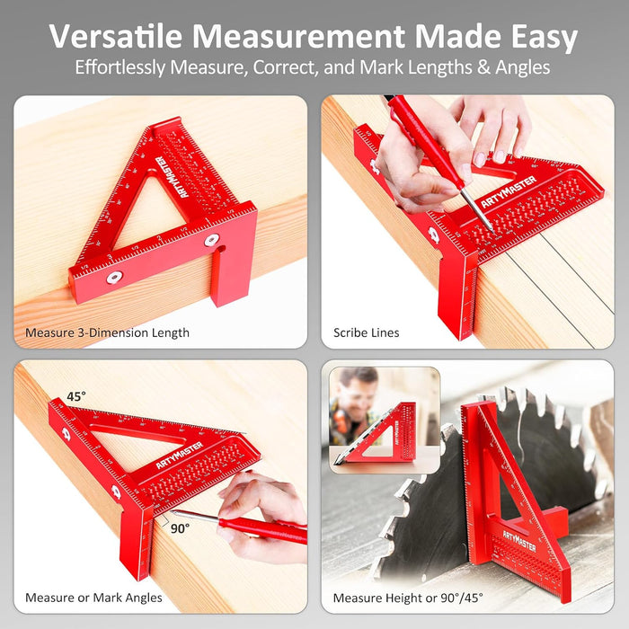 3.8＂Mini 3D Multi-Angle Measuring Square Ruler, WT102A High Precision Hole Scribing Woodworking Tools, 0-90° Aluminum Al