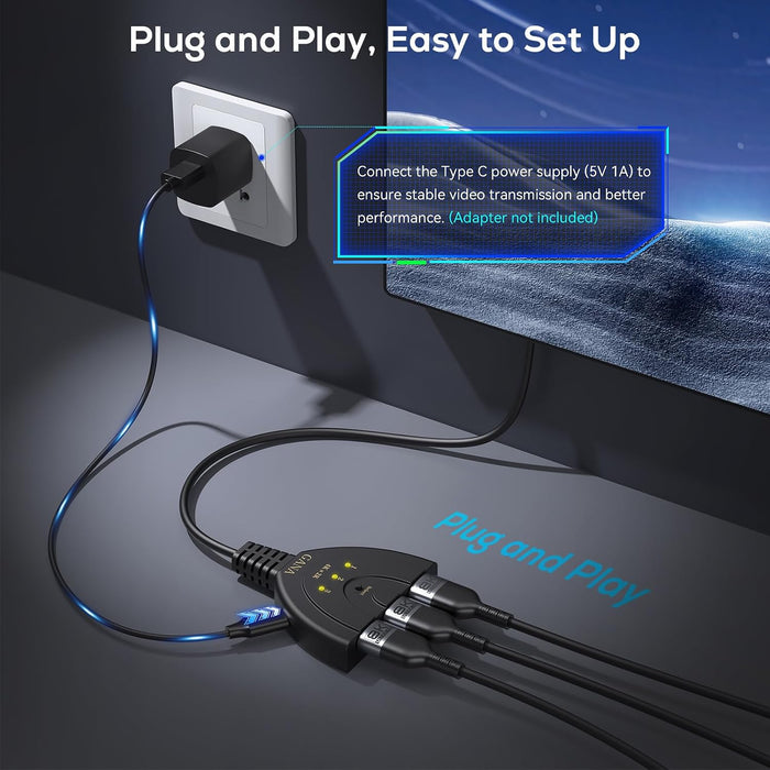 HDMI Switch 3 in 1 Out, 4K HDMI Switcher with Pigtail HDMI Cable