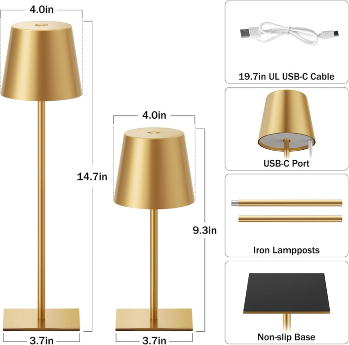 Gold Rechargeable Table Lamp, Cordless Battery Operated Lamp Set
