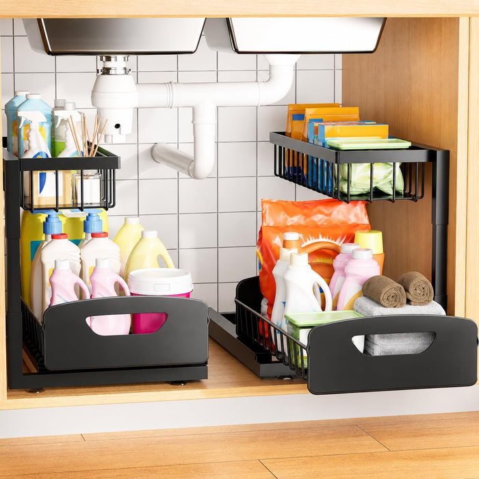 Under Kitchen Sink Organizer, Metal Pull Out Bathroom Organizers and Storage, 2-Tier Cabinet Organizer Shelf with Slidin