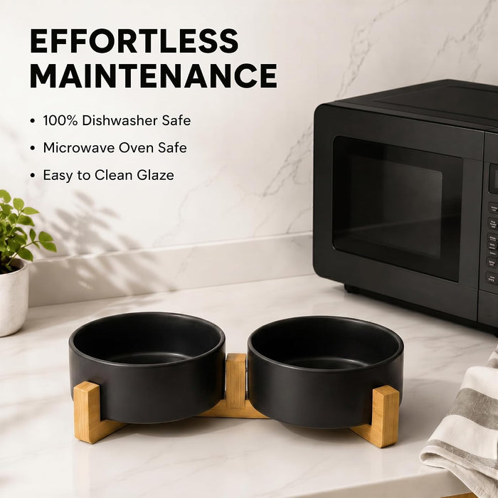 Ceramic Dog and Cat Bowl Set with Wooden Stand, Modern Cute Weighted Food Water Set for Small Size Dogs (13.5OZ) & Medium Sized Dogs (28.7OZ) & Cats (1.7 Cups, 2 × Black)