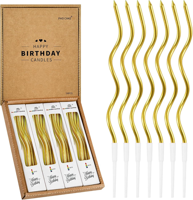 24-Count Gold Spiral Long Thin Metallic Birthday Candles, Cake Candles, Birthday Parties, Wedding Decorations, Party Candles