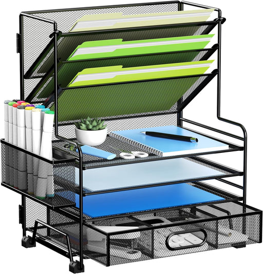 4-Tier Paper Organizer + 3-Pocket File Holder + Drawer + Pen Holders, Desktop File Organizers Paper Tray for Office Acce