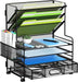 4-Tier Paper Organizer + 3-Pocket File Holder + Drawer + Pen Holders, Desktop File Organizers Paper Tray for Office Acce