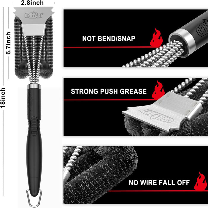 Grill Brush, 18'' Extra-Strong Handle, BBQ Cleaner with Scraper