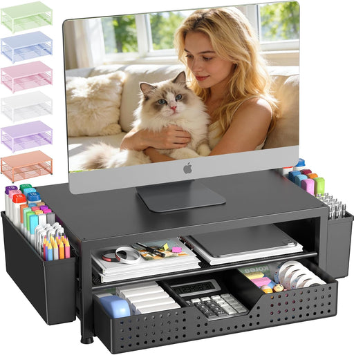 Desk Organizers and Accessories, Computer Monitor Stand Riser with Drawer and 2 Pen Holders, Printer & Laptop Stand, Off