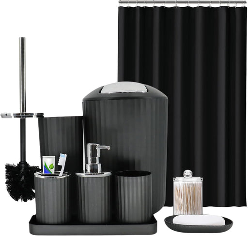 Black Bathroom Accessories Set, 10Pcs Bathroom Accessory Sets Complete with Trash Can, Shower Curtain, Vanity Tray, Soap