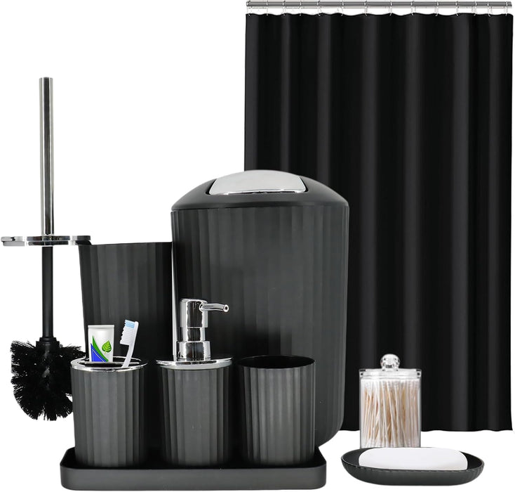 Black Bathroom Accessories Set, 10Pcs Bathroom Accessory Sets Complete with Trash Can, Shower Curtain, Vanity Tray, Soap