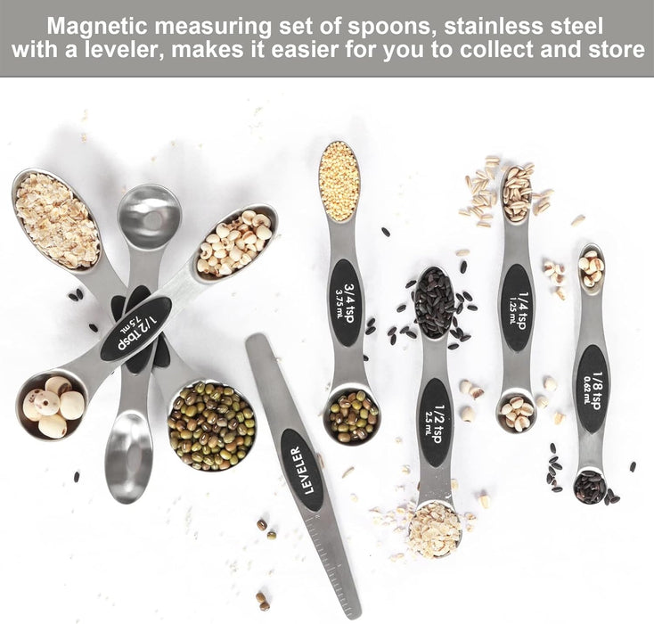 Magnetic Measuring Spoons Set Stainless Steel with Leveler, Stackable Metal Tablespoon Measure Spoon for Baking, Cups an