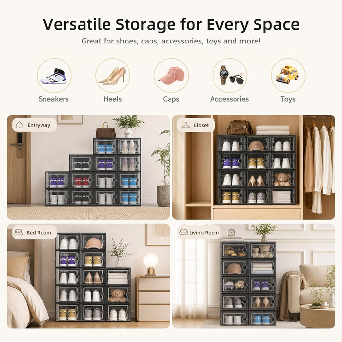 X-Large Shoe Storage Boxes 12 Pack, Clear Stackable Shoe Organizer